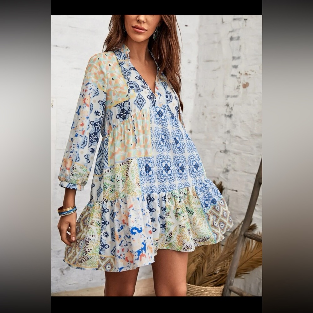 SHEIN floral print notch neck ruffle hem dress
